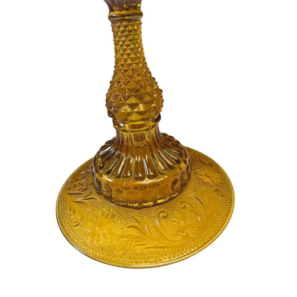 Vintage Amber‎ Pressed Glass Candlestick Holder Floral Base Glass Prism Top